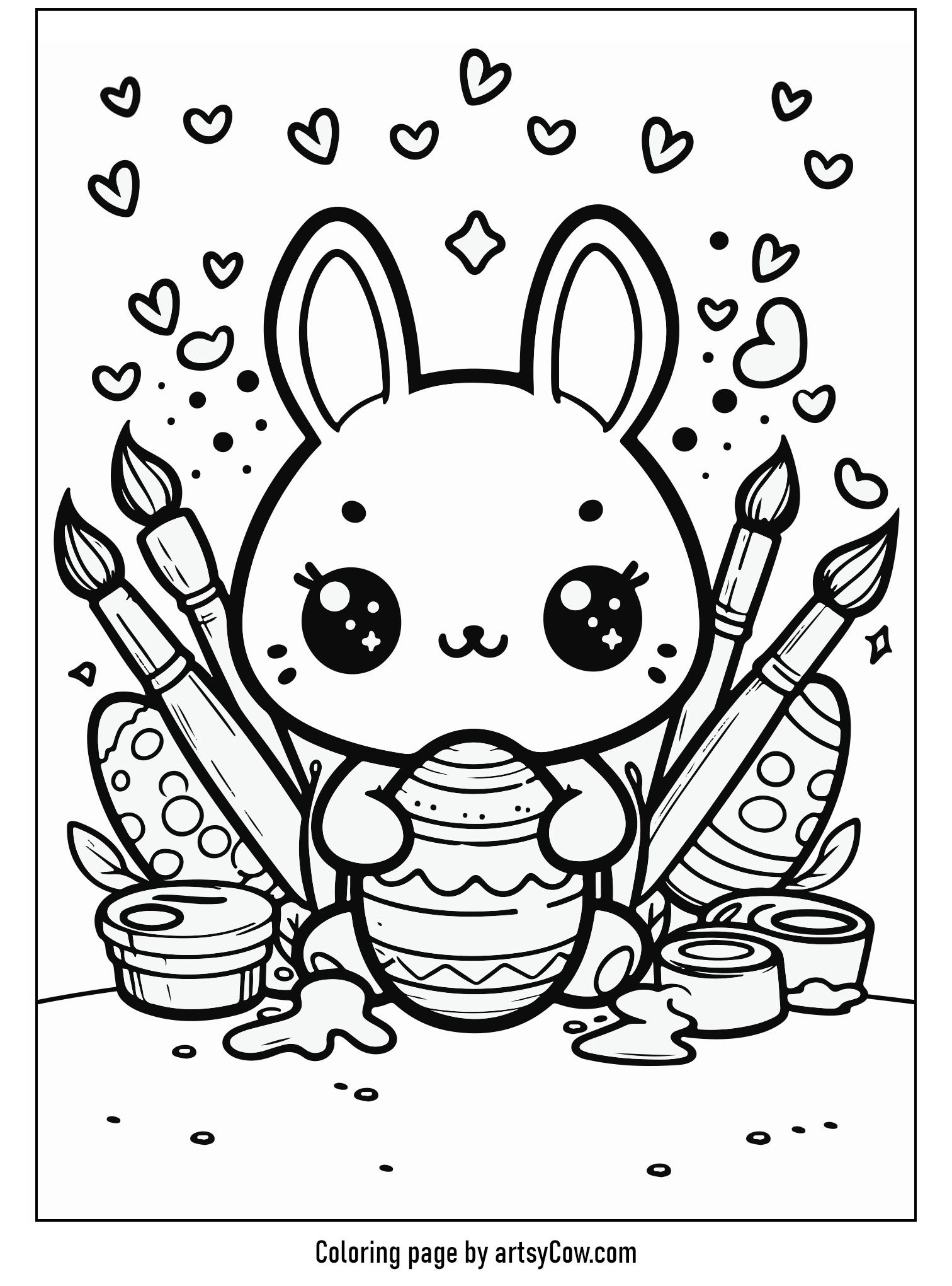 easter coloring pages for kids featuring an adorable bunny painting an Easter egg surrounded by brushes and paint pots.